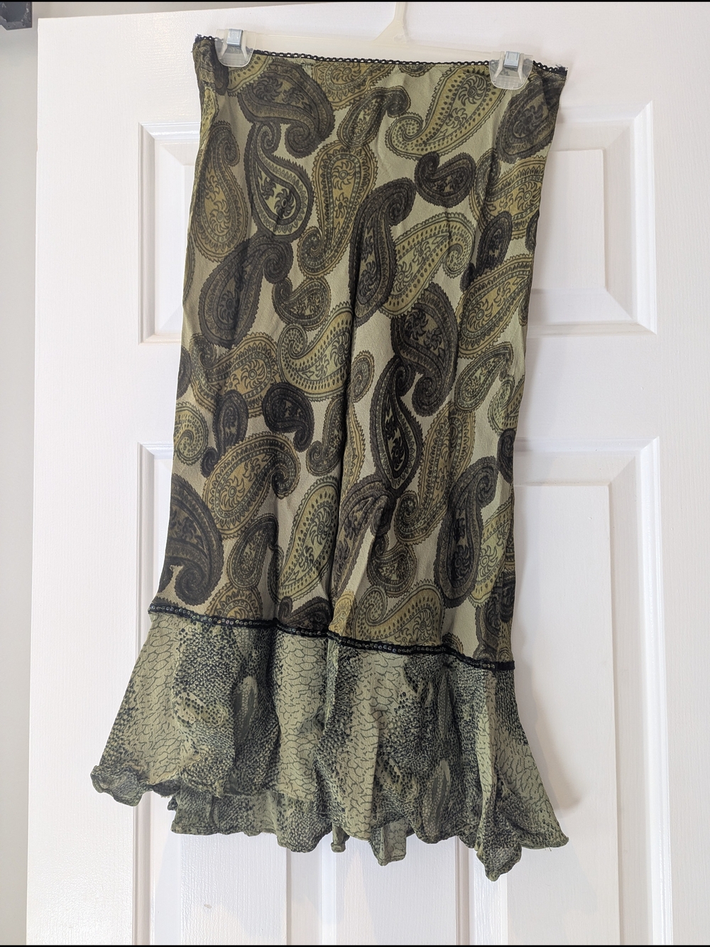 90s Grunge Fairy Whimsigoth Slip Skirt Olive Green Paisley Ruffle Hem S/M Witchy
